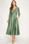 Load image into Gallery viewer, LAF3127 Wholesale Mother of the Bride Ruched V-Neck Midi Dress with 3/4 Sleeves and Pockets - SAGE - Mother of the Bride Dress LAF
