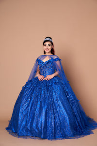 LA Merchandise LAZSCL30001 Detachable Cape Embroidered Quince Dress - ROYAL BLUE - Dress LA Merchnadise