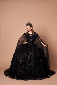 LA Merchandise LAZSCL30003 Off Shoulder Glitter Cape Quince Ball Gown - BLACK - Dress LA Merchnadise