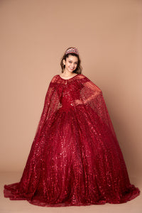LA Merchandise LAZSCL30003 Off Shoulder Glitter Cape Quince Ball Gown - BURGUNDY - Dress LA Merchnadise