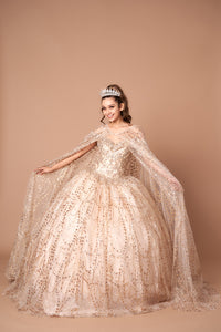 LA Merchandise LAZSCL30003 Off Shoulder Glitter Cape Quince Ball Gown - CHAMPAGNE - Dress LA Merchnadise