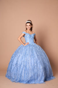 LA Merchandise LAZSCL30003 Off Shoulder Glitter Cape Quince Ball Gown - DUSTY BLUE - Dress LA Merchnadise