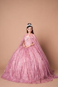 LA Merchandise LAZSCL30003 Off Shoulder Glitter Cape Quince Ball Gown - DUSTY ROSE - Dress LA Merchnadise