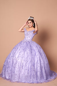 LA Merchandise LAZSCL30003 Off Shoulder Glitter Cape Quince Ball Gown - LILAC - Dress LA Merchnadise
