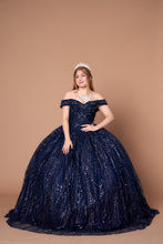 Load image into Gallery viewer, LA Merchandise LAZSCL30003 Off Shoulder Glitter Cape Quince Ball Gown - NAVY - Dress LA Merchnadise