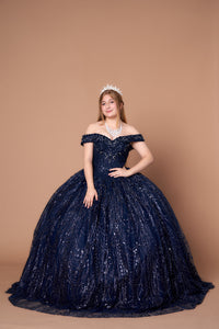 LA Merchandise LAZSCL30003 Off Shoulder Glitter Cape Quince Ball Gown - NAVY - Dress LA Merchnadise