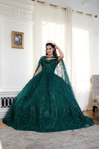 LA Merchandise LAZSCL30003 Off Shoulder Glitter Cape Quince Ball Gown - EMERALD GREEN - Dress LA Merchnadise
