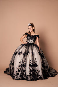 LA Merchandise LAZSCL30005 Off Shoulder 3D Floral 15 Ball Gown - BLACK - Dress LA Merchnadise