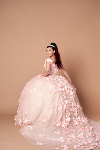 LA Merchandise LAZSCL30005 Off Shoulder 3D Floral 15 Ball Gown - BLUSH - Dress LA Merchnadise