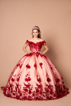 Load image into Gallery viewer, LA Merchandise LAZSCL30005 Off Shoulder 3D Floral 15 Ball Gown - BURGUNDY - Dress LA Merchnadise