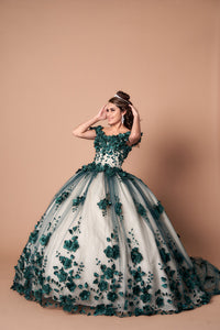 LA Merchandise LAZSCL30005 Off Shoulder 3D Floral 15 Ball Gown - EMERALD - Dress LA Merchnadise