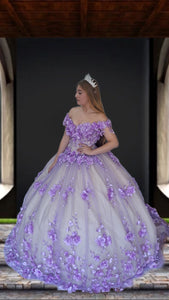 LA Merchandise LAZSCL30005 Off Shoulder 3D Floral 15 Ball Gown - LILAC - Dress LA Merchnadise