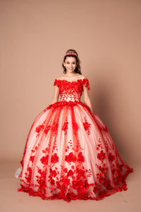 LA Merchandise LAZSCL30005 Off Shoulder 3D Floral 15 Ball Gown - RED - Dress LA Merchnadise