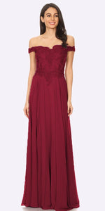 Off Shoulder Lace Applique Long Pleated Chiffon Dress- SF3073 - BURGUNDY - LA Merchandise