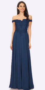 Off Shoulder Lace Applique Long Pleated Chiffon Dress- SF3073 - NAVY - LA Merchandise