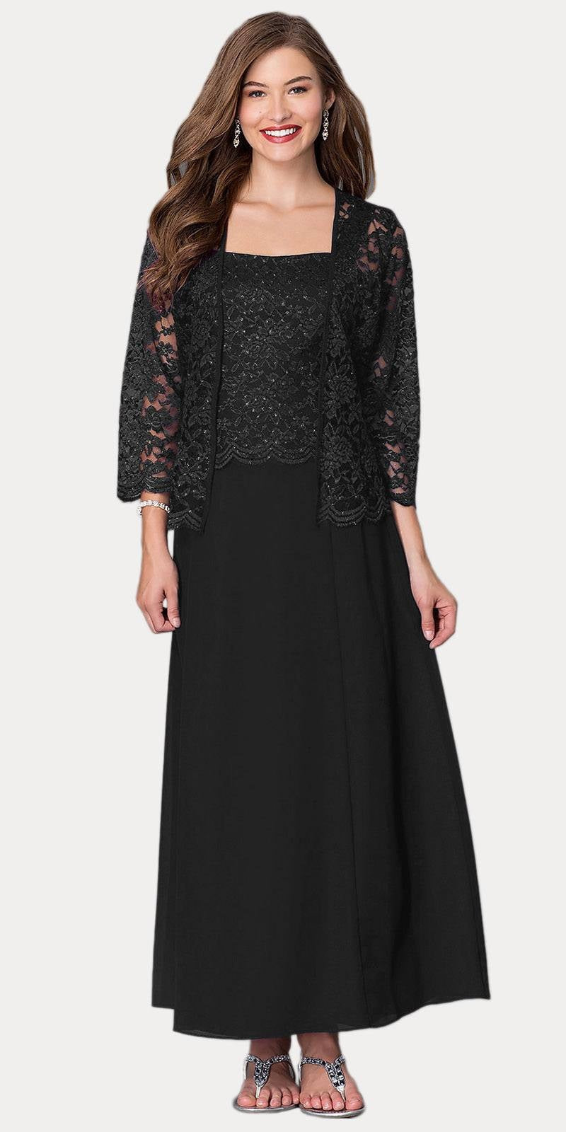 A chiffon quarter sleeve lace mother of bride gown - SF8466 - Black - LA Merchandise