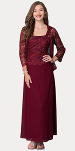 A chiffon quarter sleeve lace mother of bride gown - SF8466 - Burgundy - LA Merchandise