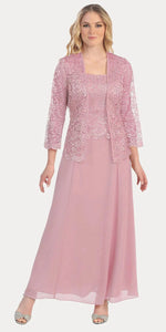 A chiffon quarter sleeve lace mother of bride gown - SF8466 - Dusty/Rose - LA Merchandise