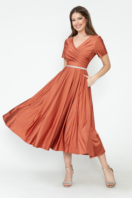 LA Merchandise LAF5274 V-Neck Short Sleeve Midi Dress with Rhinestone Waistband and Pockets