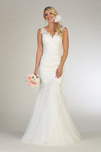 Sleeveless lace applique full length mesh dress- LA1598 - Ivory - LA Merchandise