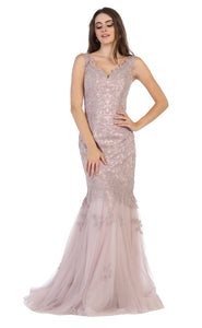 Sleeveless lace applique full length mesh dress- LA1598 - Mauve - LA Merchandise