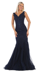 Sleeveless lace applique full length mesh dress- LA1598 - Navy - LA Merchandise