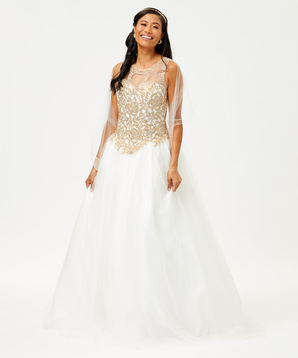 La Merchandise LA72 Sleeveless Embroidered Mesh Corset Quince Dress - Ivory - LA Merchandise