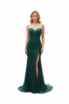 Load image into Gallery viewer, LAHTL3042C Wholesale Strapless Sweetheart Beaded Sequin Lace-Up Corset Back with High Slit - HUNTER GREEN - Long Formal Dress LAH