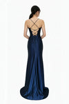 Load image into Gallery viewer, LAHTL3053L Wholesale Cowl Neck Corset Satin Prom Dress with Thigh Slit, Lace-Up Back &amp; Train