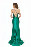 Load image into Gallery viewer, LAHTL3053L Wholesale Cowl Neck Corset Satin Prom Dress with Thigh Slit, Lace-Up Back &amp; Train