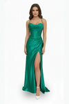 Load image into Gallery viewer, LAHTL3053L Wholesale Cowl Neck Corset Satin Prom Dress with Thigh Slit, Lace-Up Back &amp; Train
