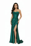 Load image into Gallery viewer, LAHTL3053L Wholesale Cowl Neck Corset Satin Prom Dress with Thigh Slit, Lace-Up Back &amp; Train