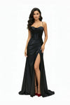 Load image into Gallery viewer, LAHTL3053L Wholesale Cowl Neck Corset Satin Prom Dress with Thigh Slit, Lace-Up Back &amp; Train