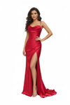 Load image into Gallery viewer, LAHTL3053L Wholesale Cowl Neck Corset Satin Prom Dress with Thigh Slit, Lace-Up Back &amp; Train