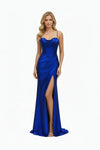 Load image into Gallery viewer, LAHTL3053L Wholesale Cowl Neck Corset Satin Prom Dress with Thigh Slit, Lace-Up Back &amp; Train