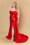 Cargar imagen en el visor de la galería, LAYW1238 Wholesale Strapless Corset Satin Prom Dress with Rhinestone Ruffle High Slit &amp; Train