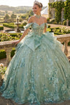 Load image into Gallery viewer, Wholesale Off-Shoulder Sweetheart Glitter Tulle Ball Gown with Floral Appliqué and Bow Back by LA313 - SAGE - Quinceanera Dress LA Merchandise