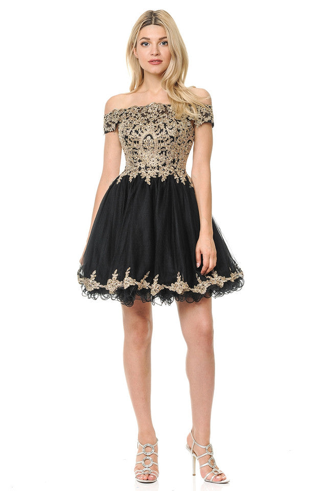 Off-Shoulder Embroidered Bodice Short Tulle Dress with Scalloped Neckline for Special Events By LAF8124