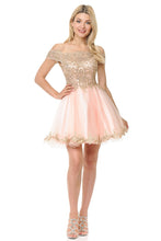 Load image into Gallery viewer, Off-Shoulder Embroidered Bodice Short Tulle Dress with Scalloped Neckline for Special Events By LAF8124