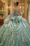 Load image into Gallery viewer, Wholesale Off-Shoulder Sweetheart Glitter Tulle Ball Gown with Floral Appliqué and Bow Back by LA313 - - Quinceanera Dress LA Merchandise