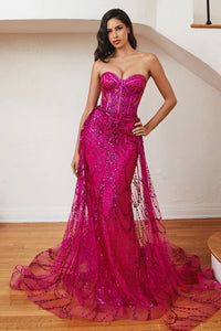 LA Merchandise LARB095 Long Strapless Glitter Formal Prom Gown - FUCHSIA - Dress LA Merchandise