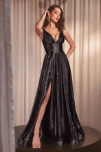 Load image into Gallery viewer, LA Merchandise LAR2349 V-Neck Glitter Satin Prom Dress Sparkling Formal Gown with High Slit