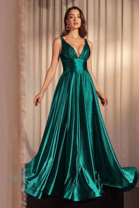 LA Merchandise LAR2349 V-Neck Glitter Satin Prom Dress Sparkling Formal Gown with High Slit