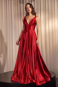 LA Merchandise LAR2349 V-Neck Glitter Satin Prom Dress Sparkling Formal Gown with High Slit
