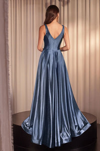 LA Merchandise LAR2349 V-Neck Glitter Satin Prom Dress Sparkling Formal Gown with High Slit