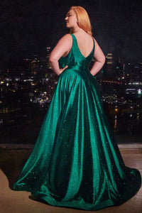 LA Merchandise LAR2349C V-Neck Glitter Satin Prom Dress Sparkling Formal Gown with High Slit