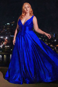 LA Merchandise LAR2349C V-Neck Glitter Satin Prom Dress Sparkling Formal Gown with High Slit