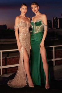 LA Merchandise LAR324 Fringe Off-Shoulder High Slit Gown Beaded Corset Formal Dress