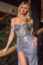 Load image into Gallery viewer, LA Merchandise LAR324 Fringe Off-Shoulder High Slit Gown Beaded Corset Formal Dress