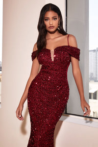 LA Merchandise LARCD975 Off Shoulder Red Carpet Sequin Formal Gown